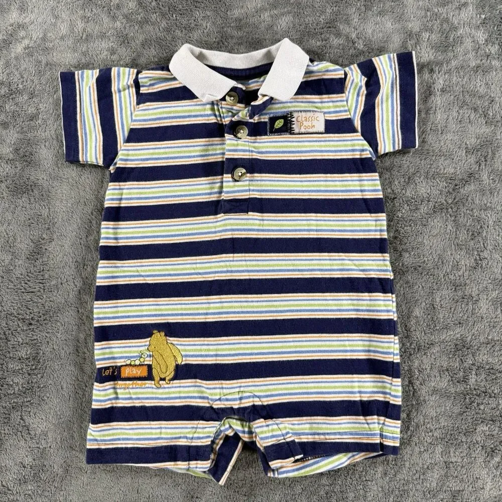 Vintage Classic Pooh Collared Striped Romper Let’s Play Together 6 Months